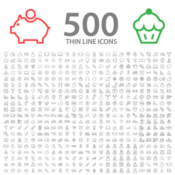 Set of 500 Standard Universal Minimal Modern Thin Line Black Icons on White Background.