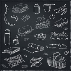 Summer picnic doodle set. Various meals, drinks, objects, sport activities. Vector illustration