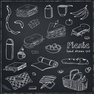 Summer Picnic Doodle Set. Various Meals, Drinks, Objects, Sport Activities. Vector Illustration