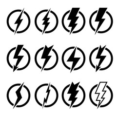 Set of black lightning bolts and signs of different shapes inscribed in black circles and isolated on white background. Can be used for logos, icons, signs, print products, web decor or other design.