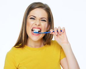 Funny woman with toothy brush.