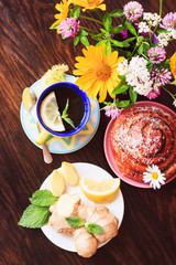 Big tea set on the wooden background
