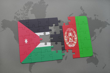 puzzle with the national flag of jordan and afghanistan on a world map background.