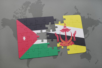 puzzle with the national flag of jordan and brunei on a world map background.