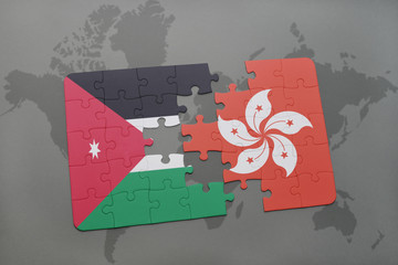 puzzle with the national flag of jordan and hong kong on a world map background.