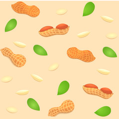 Vector seamless background peanut nut. A pattern of shelled peanuts nuts in shell and shelled, leaves. Tasty Image on beige background nuts for printing on packaging, advertising of healthy foods