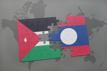 puzzle with the national flag of jordan and laos on a world map background.