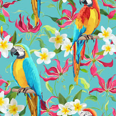 Fleurs tropicales et fond d& 39 oiseau perroquet - Fleurs de lys de feu