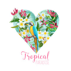Floral Heart Graphic Design - Tropical Flowers and Parrot Bird