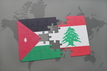 puzzle with the national flag of jordan and lebanon on a world map background.
