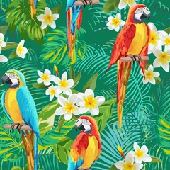 Poster Papegaai Tropische bloemen en vogels achtergrond - Vintage naadloze patroon