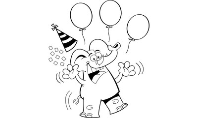Black and white illustration of an elephant jumping with a party hat and balloons.