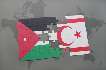 puzzle with the national flag of jordan and northern cyprus on a world map background.