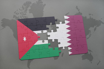 puzzle with the national flag of jordan and qatar on a world map background.