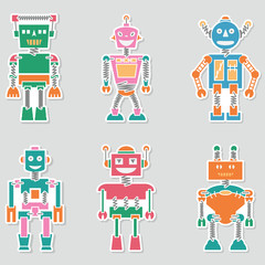 Colorful bright retro vector robots stickers collection