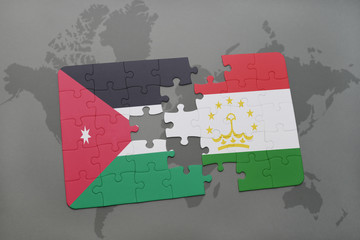puzzle with the national flag of jordan and tajikistan on a world map background.