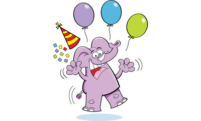 Cartoon illustration of an elephant jumping with a party hat and balloons.