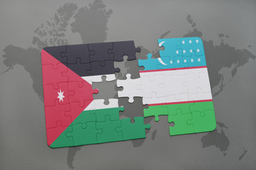 puzzle with the national flag of jordan and uzbekistan on a world map background.