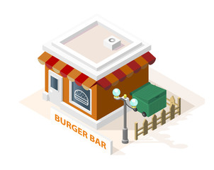 Isometric High Quality City Element with 45 Degrees Shadows on White Background. Burger Bar