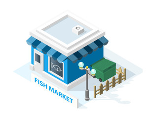 Isometric High Quality City Element with 45 Degrees Shadows on White Background. Fish Market