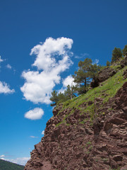 Rocky slope with trees on a background of clouds