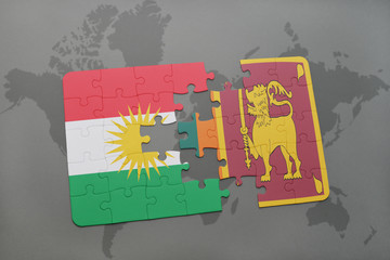 puzzle with the national flag of kurdistan and sri lanka on a world map background.