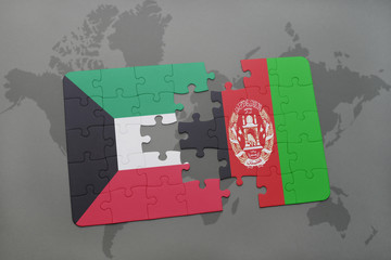 puzzle with the national flag of kuwait and afghanistan on a world map background.