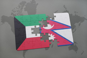 puzzle with the national flag of kuwait and nepal on a world map background.