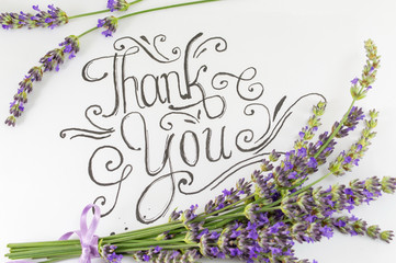 Thank you card with lavender flowers on table