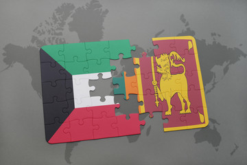 puzzle with the national flag of kuwait and sri lanka on a world map background.