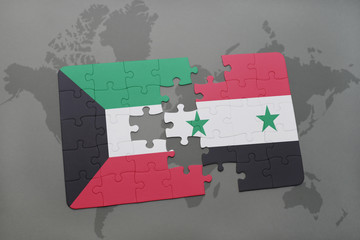 puzzle with the national flag of kuwait and syria on a world map background.