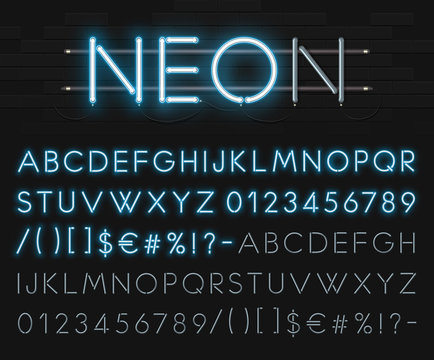 Realistic neon alphabet on a background of black brick wall. Blue glowing font. Vector format