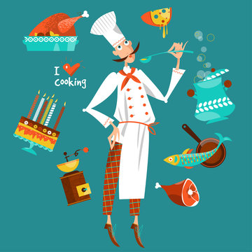 Chef cooking with various ingredients. I love cooking. The concept of cooking. Vector illustration