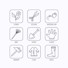 Scissors, hammer and gloves icons. Shovel signs.