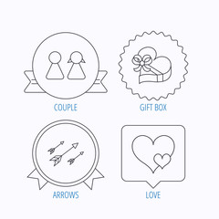Love heart, gift box and couple icons.