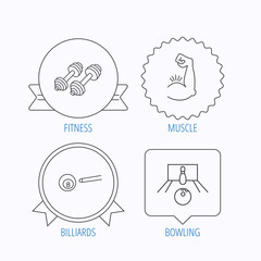 Billiards, bowling and fitness sport icons.