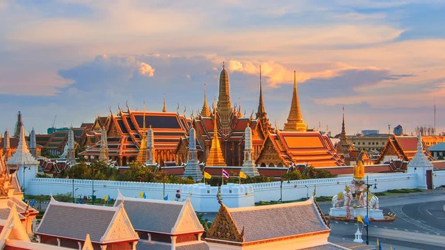 Wat Phra Kaeo Famous Landmark Temple Of The Emerald Buddha, Bangkok City, Thailand 4K Time Lapse (high view)