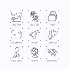 Coffee maker, sewing machine and toaster icons.