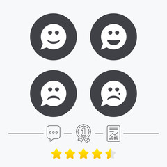 Speech bubble smile face icons. Happy, sad, cry.