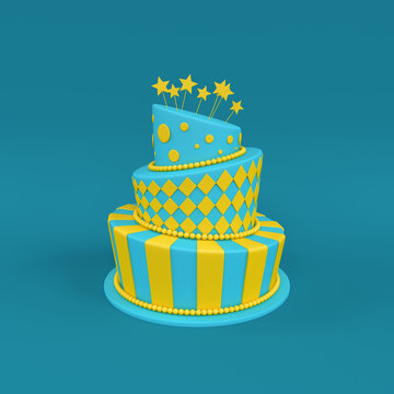 3d illustration of big birthday / holiday three floor cake