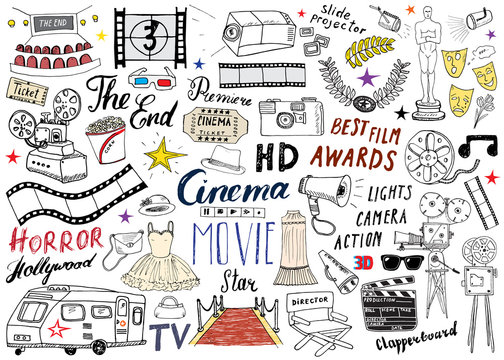 Cinema and Film Industry Set. Hand Drawn Sketch, Vector Illustration.