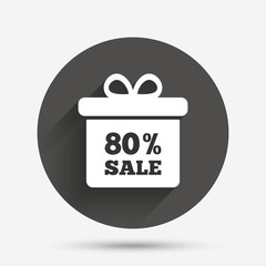 80 percent sale gift box tag sign icon.