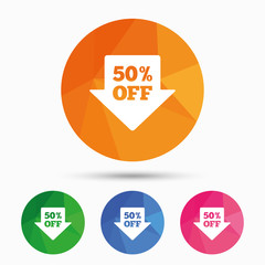 50 percent sale arrow tag sign icon.
