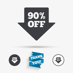 90 percent sale arrow tag sign icon.