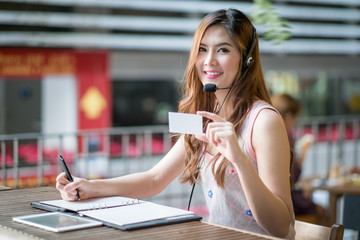 Portrait of woman customer service worker, call center smiling o