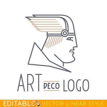 Man in winged helmet. Head of Greek or Viking god. Thin line icon. Logo template. Editable vector graphic in linear style.