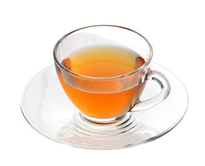 Glass cup of black tea isolated on white background