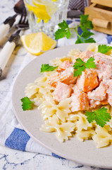 Pasta farfalle with salmon