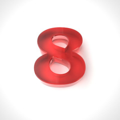 3d red number 8 in glass over white background. 3d render illustration