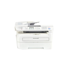 Closeup old white photocopier in the office , office supplies isolated on white background